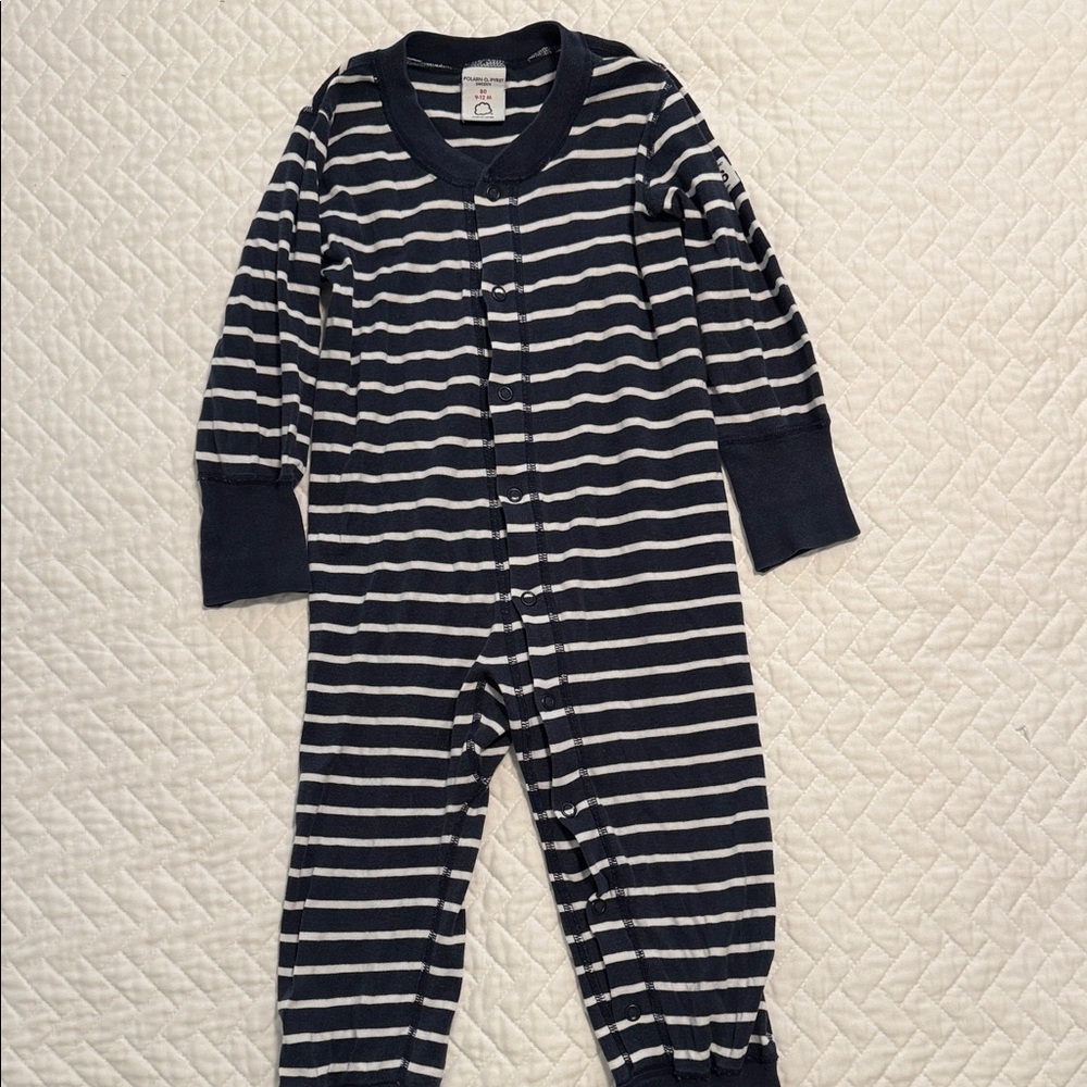 Polarn O. Pyret Navy and White Striped Footie 9-12 mos